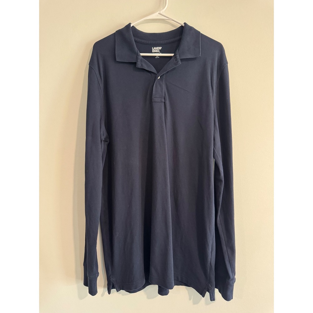 Lands' End Long Sleeve Polo Shirt Mens Size M Navy Blue Traditional Fit Pique